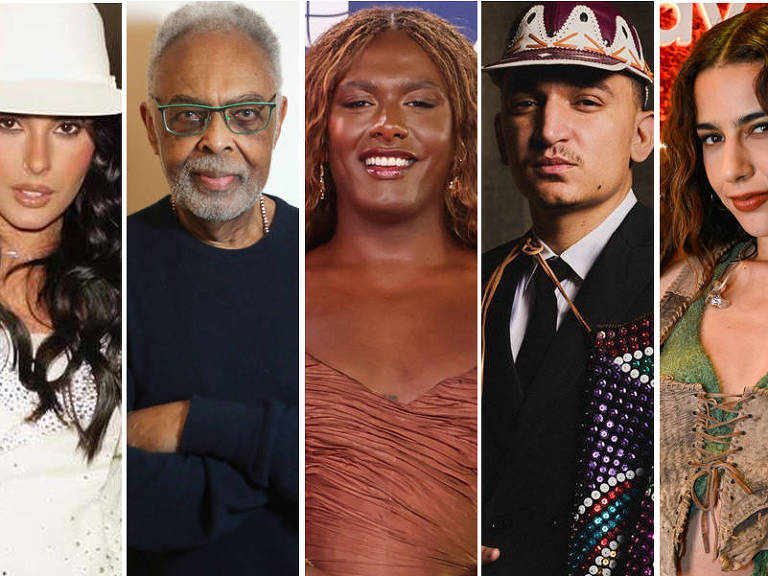 Da esq. para dir.: Artista musical - 
Ana Castela, Gilberto Gil,Liniker,Jo&atilde;o Gomes e Marina Sena