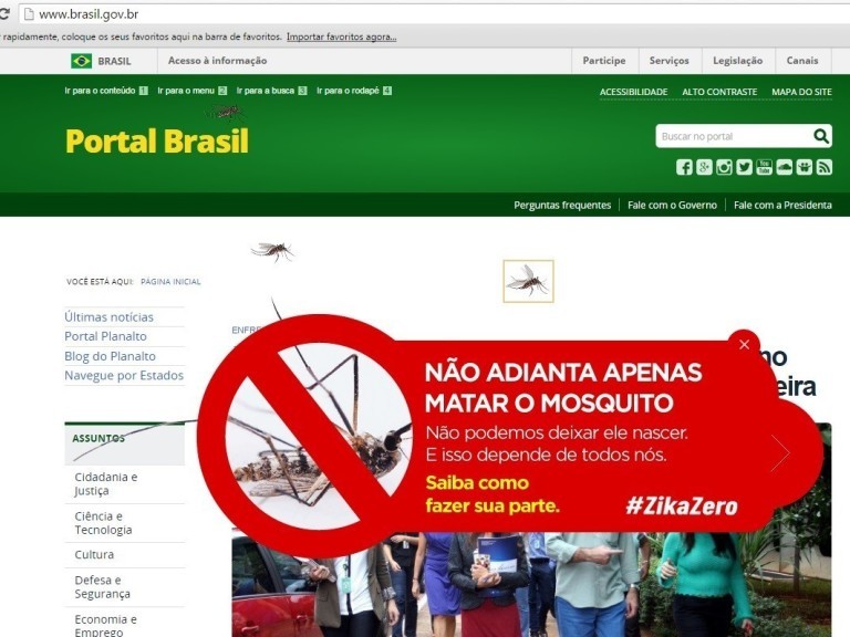 Aviso de combate ao mosquito da dengue no site do governo