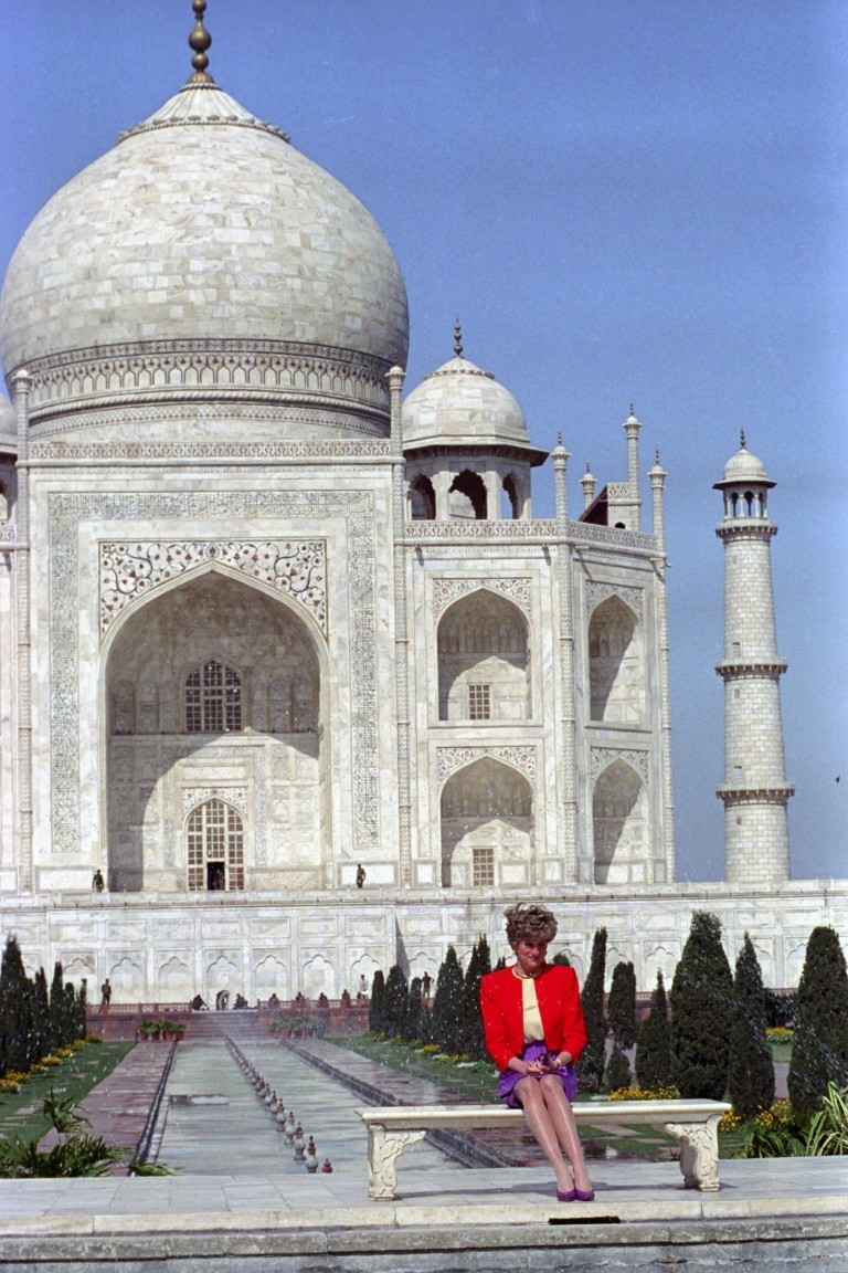 File photograph of Diana, Princess of Wales sitting in Front of the Taj Mahal in Agra