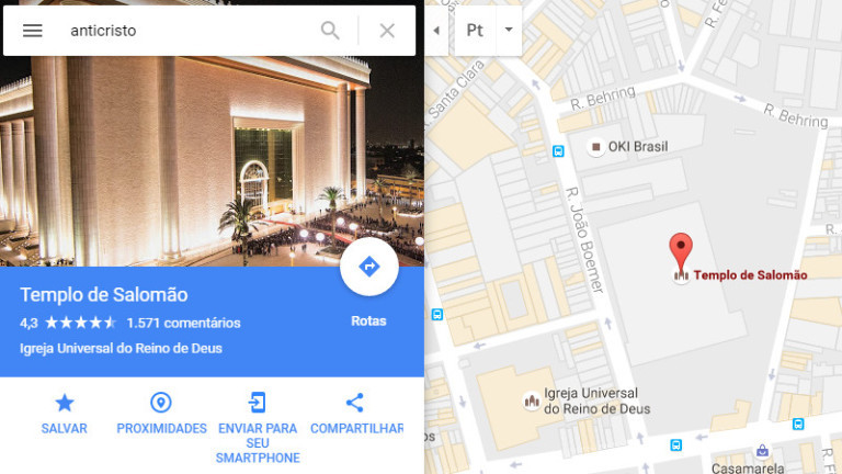 Quem procurar por "anticristo" na busca do Google Maps acaba encontrando o Templo de Salomão