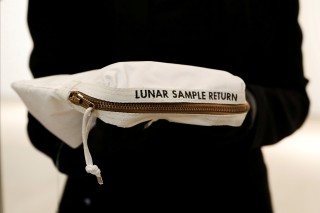 FILE PHOTO: The Apollo 11 Contingency Lunar Sample Return Bag used by astronaut Neil Armstrong is displayed for Sotheby's Space Exploration auction in New York